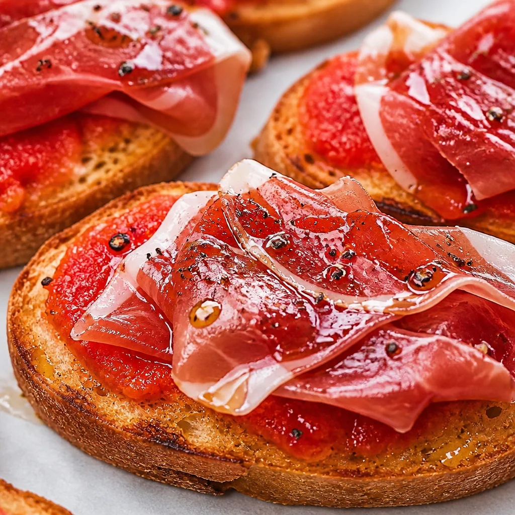 Delicious Pan con Tomate y Jamón Serrano featuring toasted bread and ripe tomatoes.