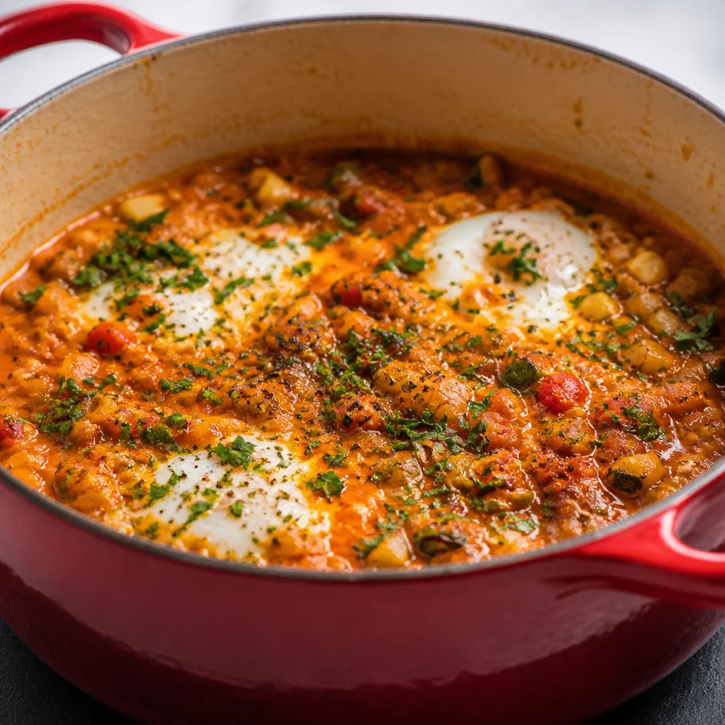 Delicious Pisto Manchego con Huevo Escalfado, a vibrant Spanish dish with vegetables and poached eggs.