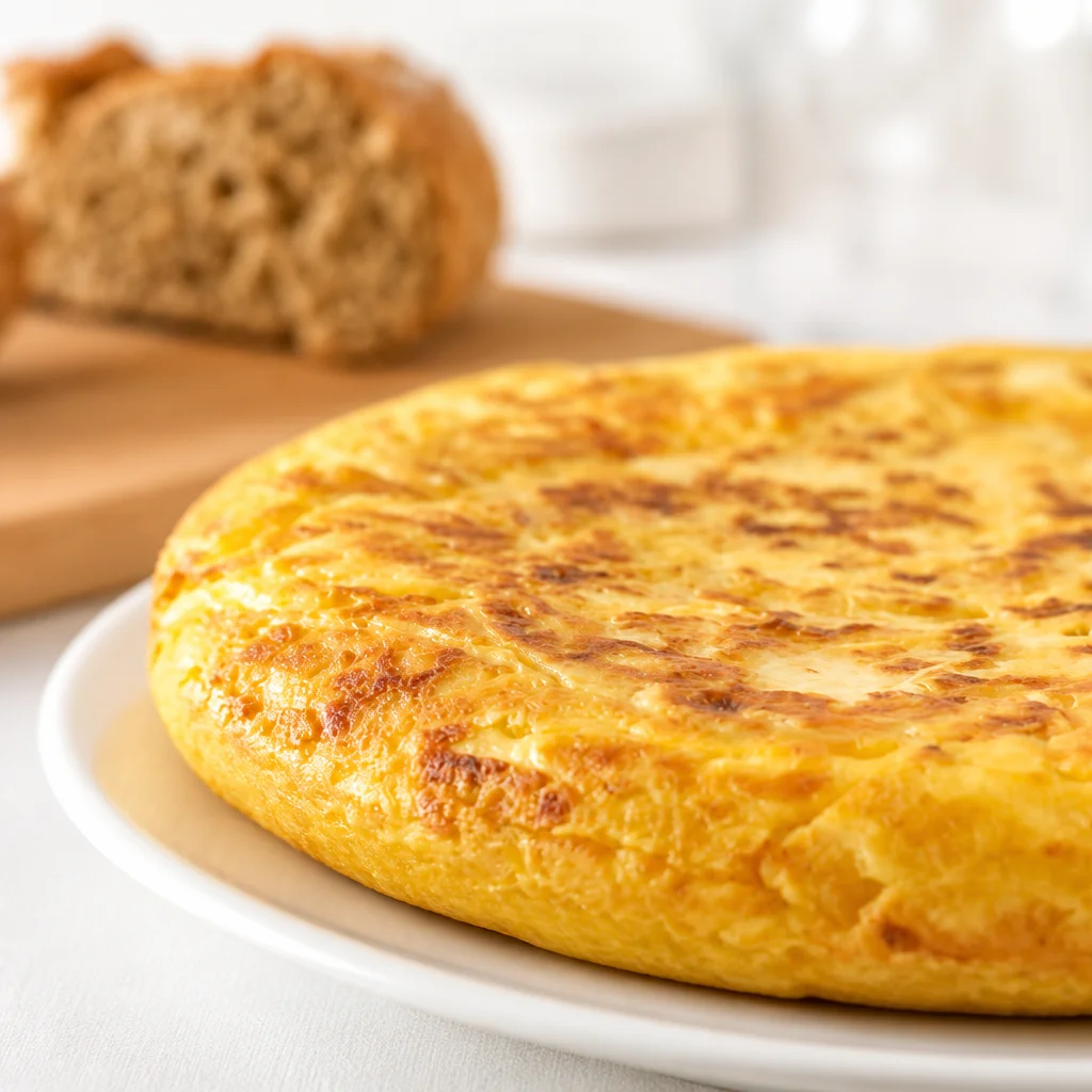 Delicious Tortilla de Patatas Jugosa served on a plate with a golden crust.